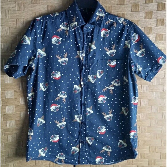 2 Rugby University Men's Shirt's Button Size S/M Santa Dogs/Skull Flag Prints. - Picture 6 of 15